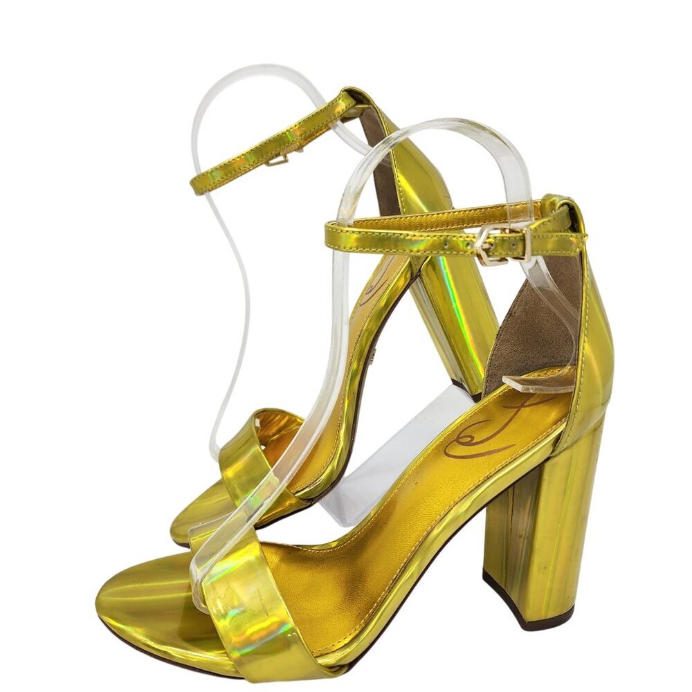 Yellow Iridescent Block Heel Sandals With Clear Straps & Buckle  US 7.5M EUR 38